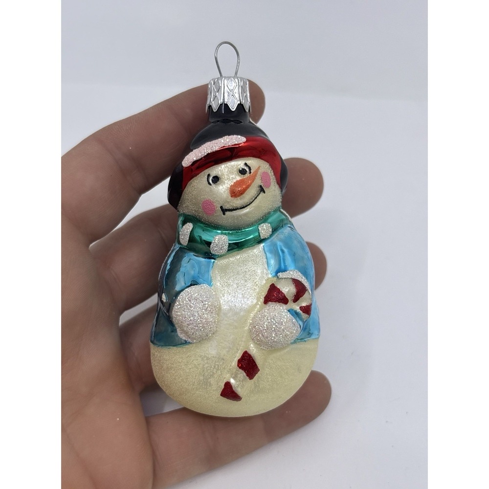Snowman With Candy Cane Christmas Glass Ornament Blue